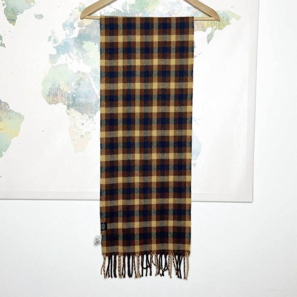 Pronto Uomo Men’s Scarf Brown Blue Plaid Fringe Acrylic NWT $40